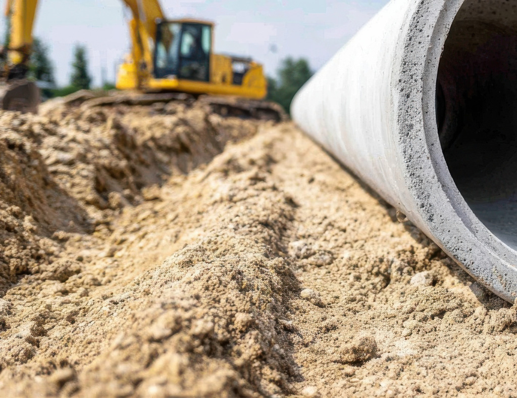Pose d'une conduite en béton lors de travaux d'infrastructure et de génie civil